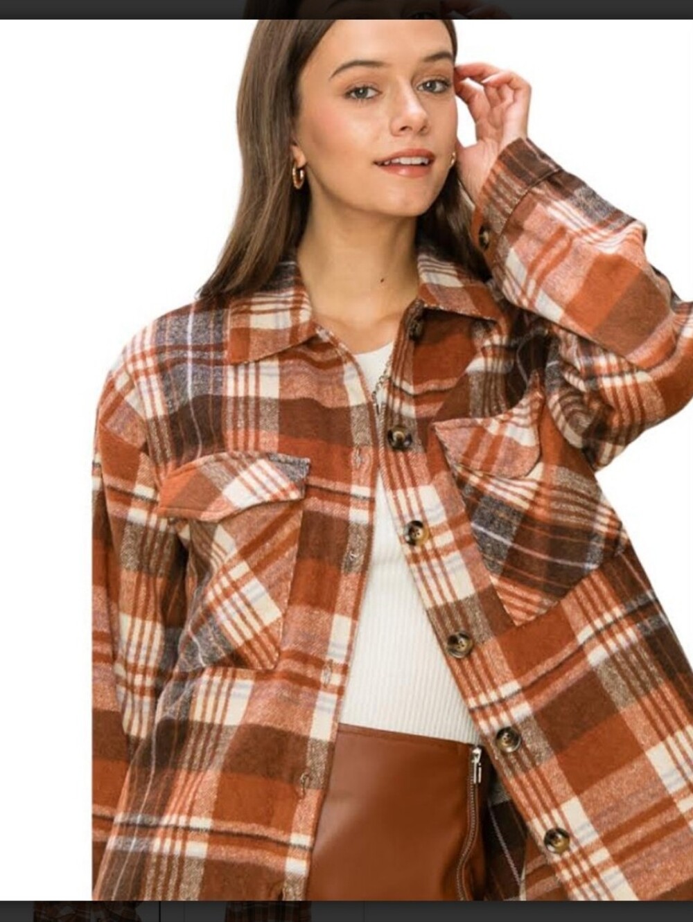 HYFVE Flannel Jacket Womens Small Plaid Shirt Orange Brown White Shacket